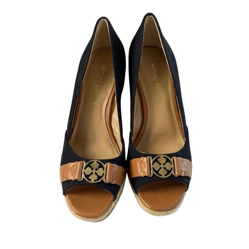 Arturo Chiang Shoes Wedges Cork Black Tan Size 7.5
